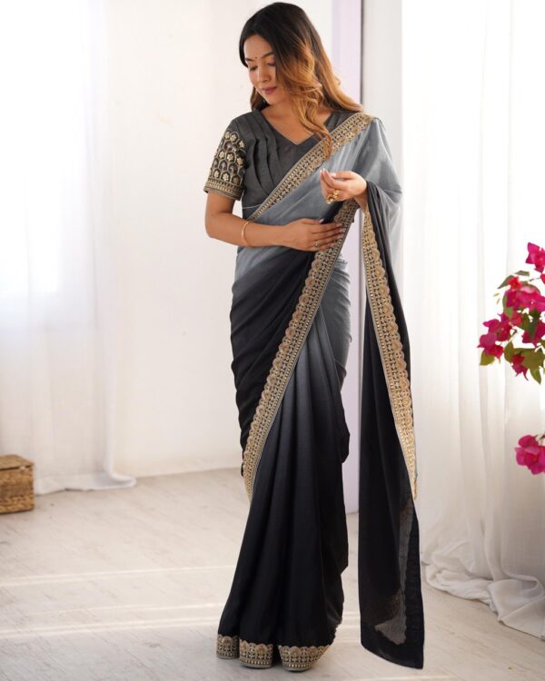 Women's Elegant Ombre Green Georgette Saree with Intricate Golden Zari & Stone Embellishments – Complete with Heavily Worked Blouse for Festive & Wedding Wear - Image 4