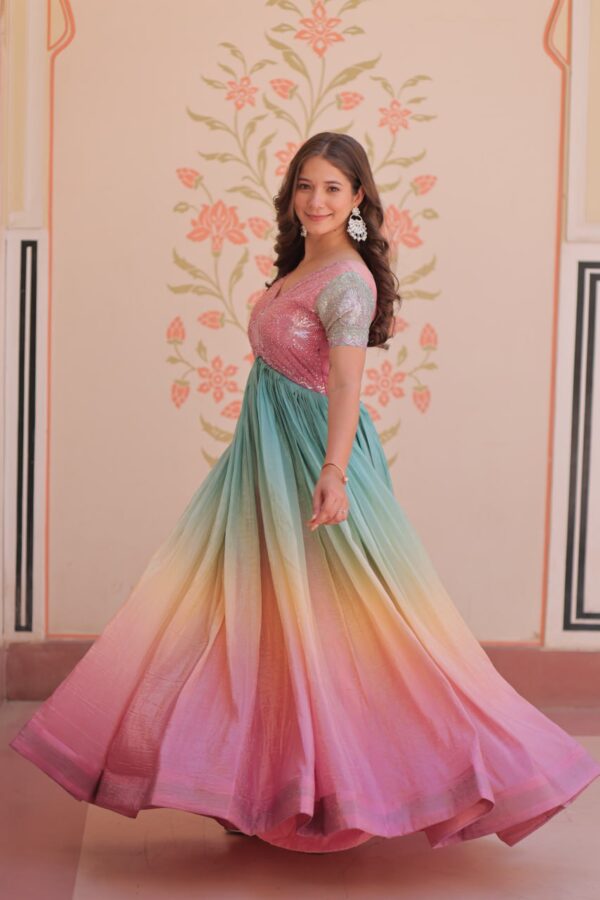 Women's Cotton Ombre Anarkali Gown Dress with Sequin Embroidered Net Sleeves - Image 16