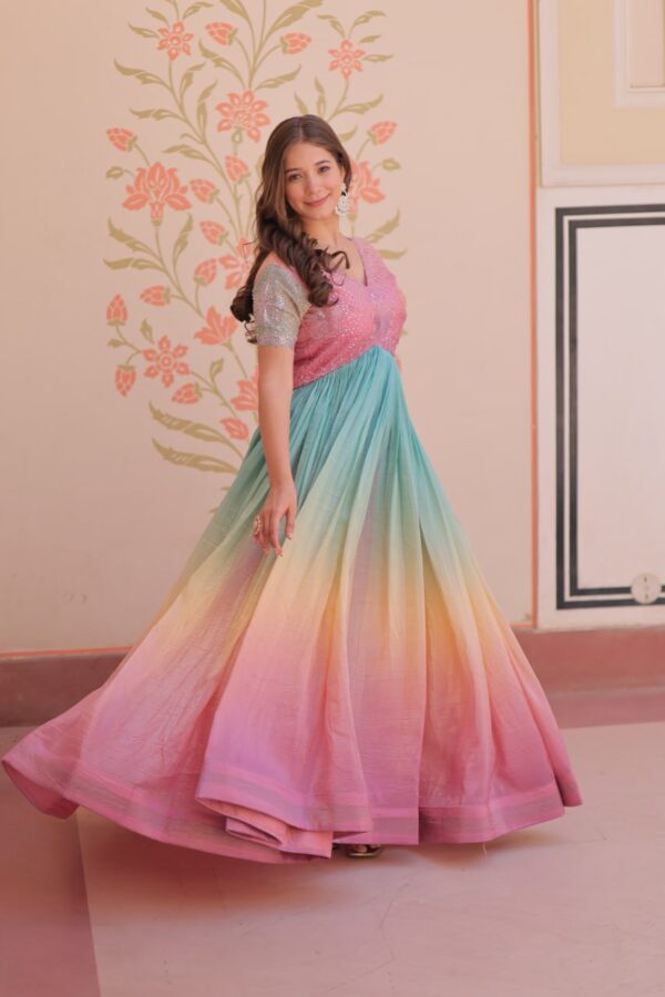 Women's Cotton Ombre Anarkali Gown Dress with Sequin Embroidered Net Sleeves - Image 20
