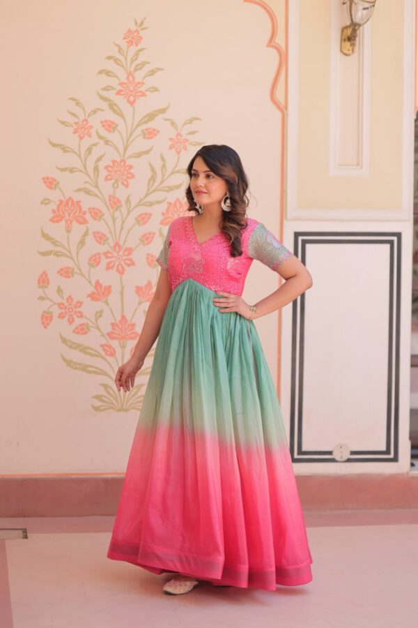 Women's Cotton Ombre Anarkali Gown Dress with Sequin Embroidered Net Sleeves - Image 24