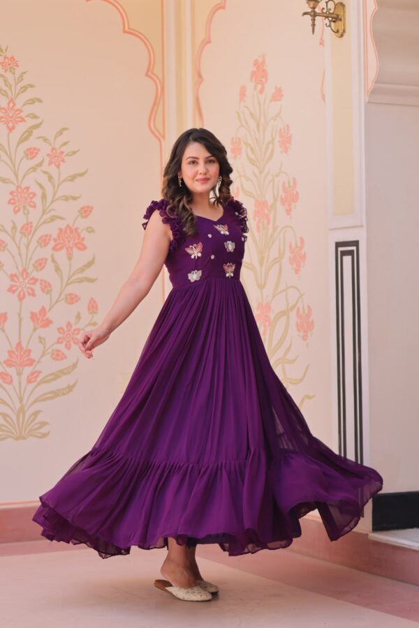 Women's Cotton Embroidered Flared Long Gown With Ruffle Sleeves - Image 4