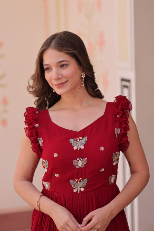 Women's Cotton Embroidered Flared Long Gown With Ruffle Sleeves - Image 10