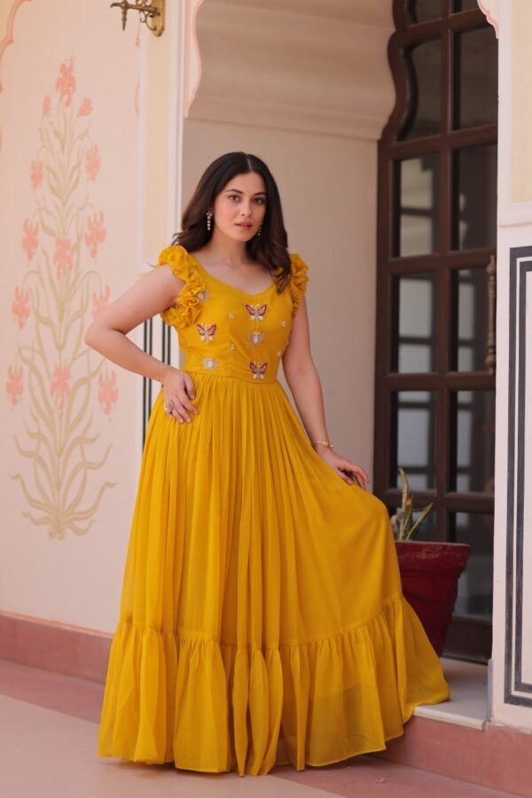 Women's Cotton Embroidered Flared Long Gown With Ruffle Sleeves - Image 15