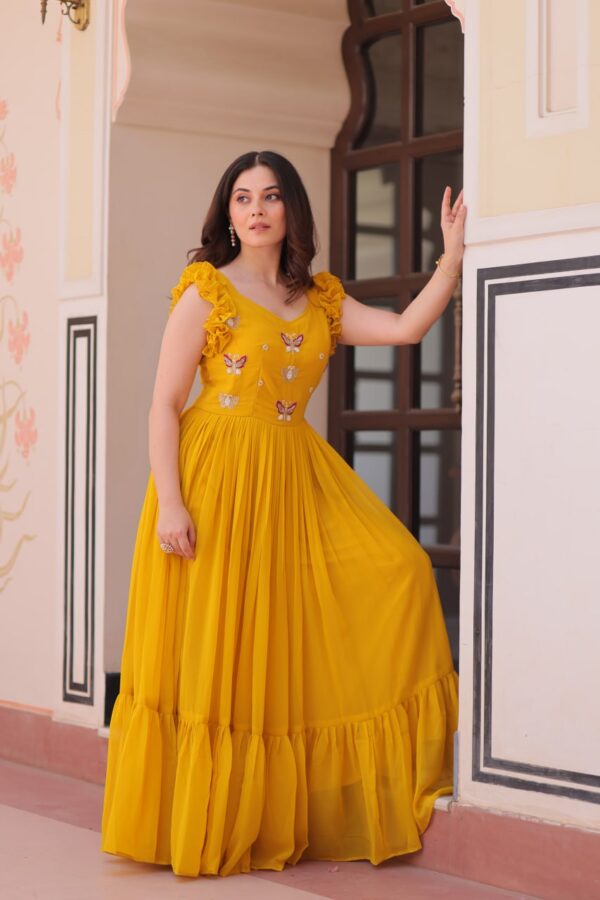 Women's Cotton Embroidered Flared Long Gown With Ruffle Sleeves - Image 16